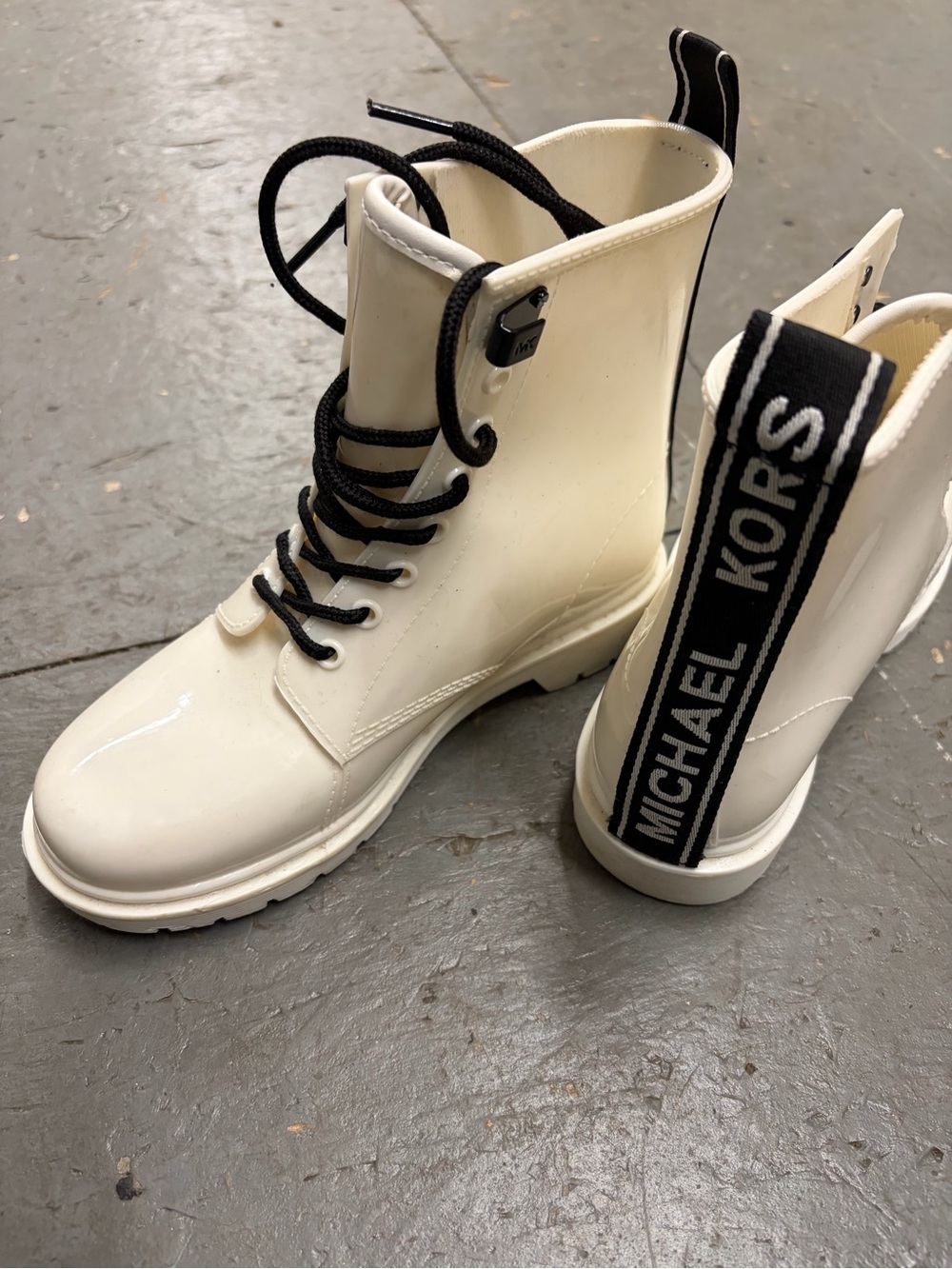 Michael Kors White Patent Lace-Up Combat Boots with Black Accents